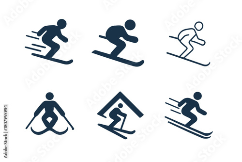 Skiing Logo Variations. Skiing on mountain slopes. Icon set. Set Logo of skiing on mountain slopes: skier descending a steep snowy hill. harmonious logo