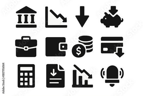 Recession Icon Essentials. Recession Impact. Solid icon set of Recession Impact: bank building, falling graph, downward arrow, piggy bank, briefcase, wallet,