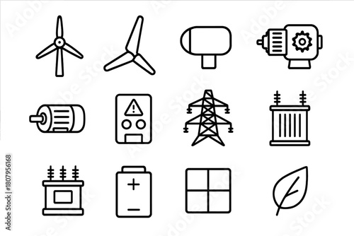 Wind Energy Icons. Wind energy. Line icon set of wind energy: wind turbine, blade, nacelle, gearbox, generator, control panel, power lines, transformer,