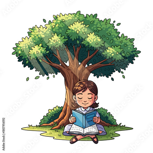 Peaceful moment of a little girl reading her favorite book under a big tree, celebrating literacy and imagination