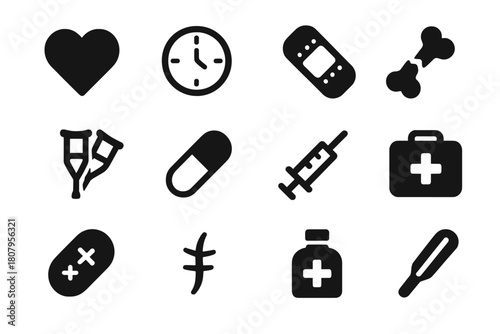 Recovery Process Icons. Recovery process. Solid icon set of Recovery process: heart, clock, bandage, broken bone, crutch, pill, syringe, first aid kit, wound,