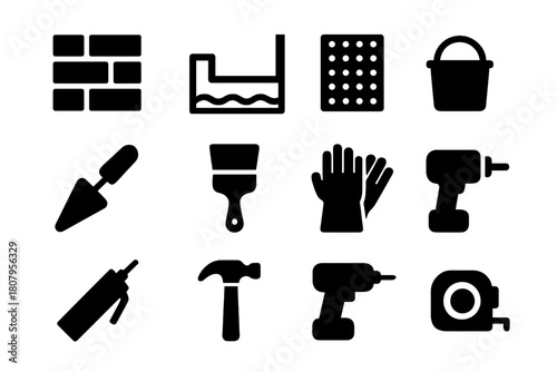 Basement Protection Icons. Basement protection. Solid icon set of basement protection: wall, floor, membrane, bucket, trowel, brush, gloves, roller, sealant