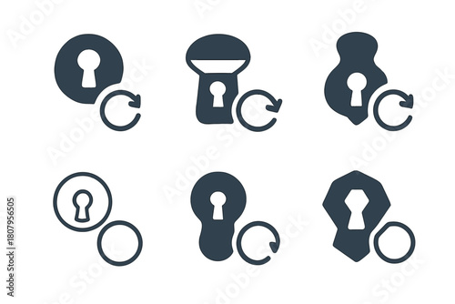 Door Hardware Icons. Replacing door hardware (knob or handle). Icon set. Set Logo of replacing door hardware (knob or handle): handle and key silhouette on