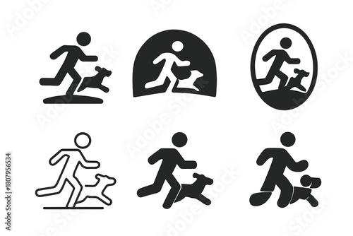 Joyful Pets Logos. joyful pets playing with their owners. Icon set. Set Logo of joyful pets playing with their owners: person running with dog in park.