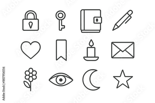 Secret Diary Icons. Secret diary. Line icon set of secret diary: lock, key, notebook, pen, heart, ribbon, candle, envelope, flower, eye, moon, star. All