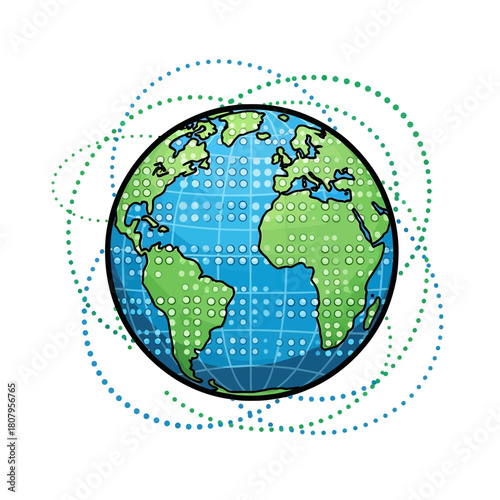 Globe Illustration with Braille Dots and Dotted Lines Representing Global Connection for Education