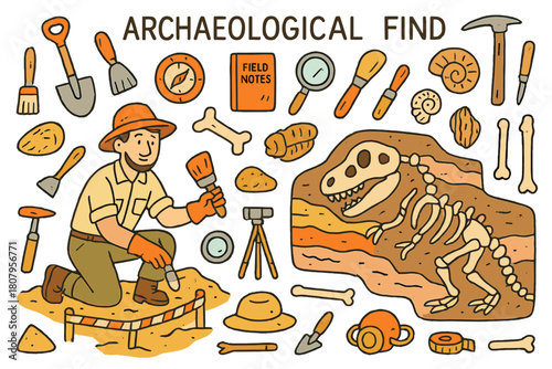 Paleontologist's Excavation Tools. Archaeological find. Hand-drawn doodle illustration paleontologist (colored), dinosaur skeleton (colored), fossils