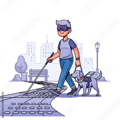 Blind person with guide dog and cane navigating textured pavement in a city, symbolizing accessibility and support