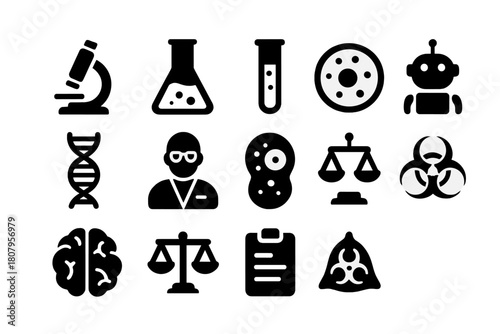Genetic Research Icons. Genetic Research. Solid icon set of Genetic Research: microscope, lab flask, test tube, petri dish, DNA strand, scientist, artificial