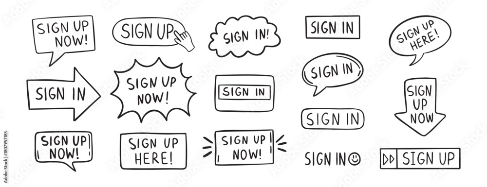 Obraz premium sign up text icon. Sign in doodle hand drawn icon set. Outline drawing line clipart symbol