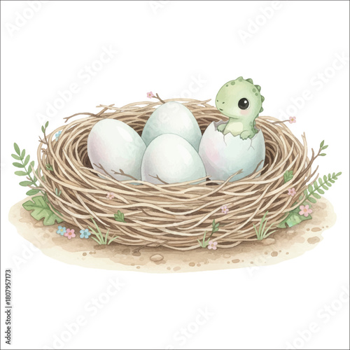 Watercolor dinosaur nest vector isolated on white background eggs and baby dino hatching
