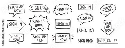 sign up text icon. Sign in doodle hand drawn icon set. Outline drawing line clipart symbol