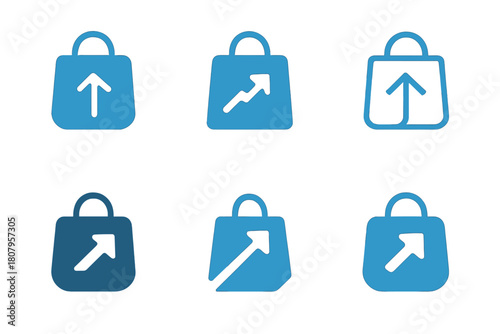 Sales Icon Variations. Salesperson. Icon set. Set Logo of salesperson: shopping bag with rising arrow icon. harmonious logo variations of the same emblematic