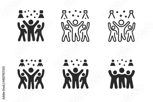 Celebration Logo Variations. Mass celebration. Icon set. Set Logo of mass celebration: dancing figures under confetti and lights. harmonious logo variations of