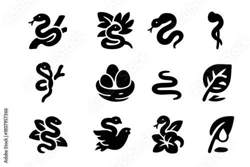 Jungle Snakes Icons. Jungle Snakes. Solid icon set of Jungle Snakes: tree branch coil, jungle leaves, snake tongue, liana vine, snake egg nest, slither trail,