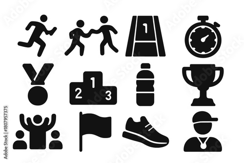 Relay Race Icons. Passing the Baton. Solid icon set of Passing the Baton: runner, baton exchange, track lane, stopwatch, medal, podium, water bottle, trophy,