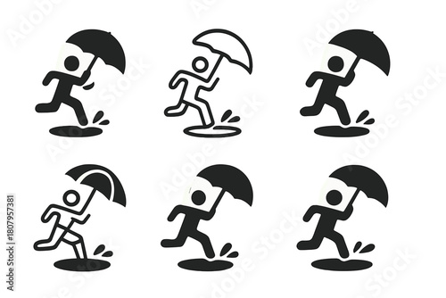 Jump Over Puddles Icons. Jumping over puddles. Icon set. Set Logo of Jumping over puddles: Umbrella and puddle splash. harmonious logo variations of the same