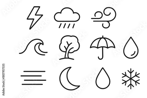 Storm Icons Collection. Storm elements. Line icon set of storm elements: lightning, cloud, rain, wind swirl, thunder icon, wave, tree, umbrella, droplet, fog,