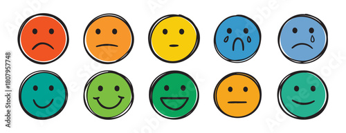 outline face different mood sad to happy several stages doodle hand drawn icon. colorful cartoon line drawing clipart symbol