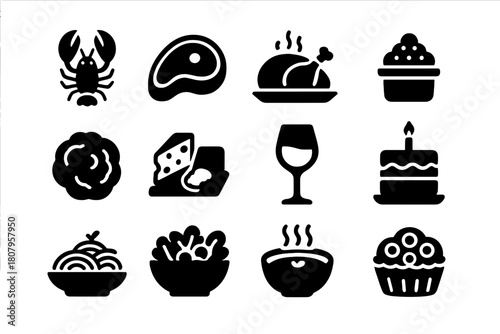 Luxury Dining Icons. Luxury Dining. Solid icon set of Luxury Dining: lobster, steak, roasted turkey, caviar, truffle, cheese platter, wine glass, chocolate