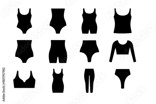 Shapewear Icon Grid. Seamless Shapewear. Solid icon set of Seamless Shapewear: shaping bodysuit, high waist shaper, mid thigh shaper, shaping cami, waist