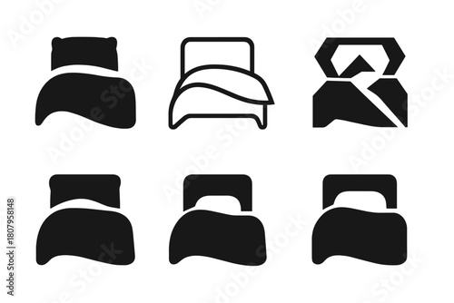 Bedroom Linens Icon Set. Transforming a bedroom with new linens. Icon set. Set Logo of transforming a bedroom with new linens: pillow and duvet set. harmonious