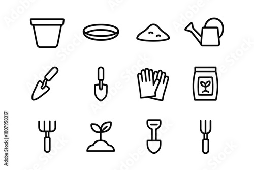 Minimalist Garden Icons. Empty plant pot. Line icon set of Empty plant pot: plant pot, saucer, soil, watering can, trowel, shovel, gardening gloves, seeds