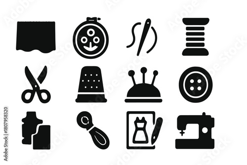 Textile Tools Icons. Textile Projects. Solid icon set of Textile Projects: fabric, embroidery hoop, needle, thread spool, scissors, thimble, pins, button,