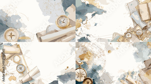 Watercolor illustration of vintage compass scrolls maps and nautical elements with artistic textures. Ideal for travel themes adventure backgrounds exploration design and historical projects.