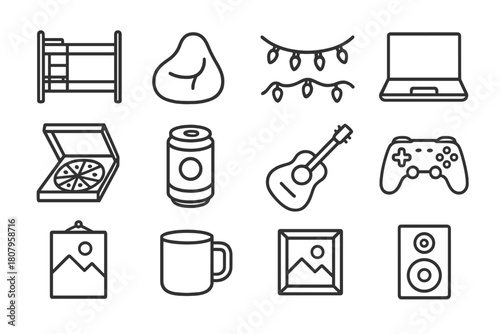 Dorm Room Essentials. Dorm room fun. Line icon set of dorm room fun: bunk bed, bean bag, fairy lights, laptop, pizza box, soda can, game controller, guitar,