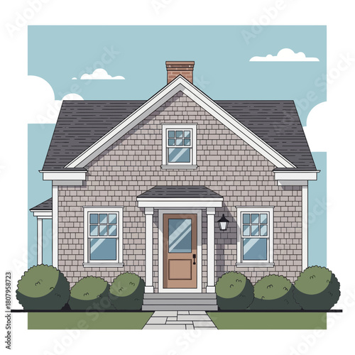 Illustration of a classic Cape Cod house with shingle siding and landscaping