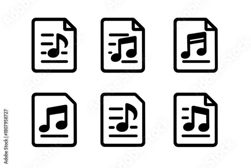Musical Audition Icons. Auditions and casting calls for singers. Icon set. Set Logo of Sheet Music: Musical notes on page. Flat solid, Symmetrical form,
