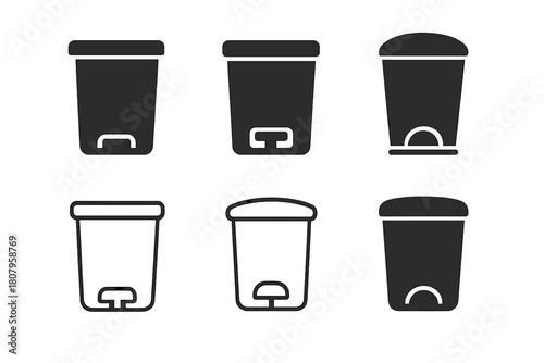 Trash Bin Iconography. Trash bin lid. Icon set. Set Logo of Trash bin lid: Pedal mechanism. harmonious logo variations of the same emblematic concept (Negative