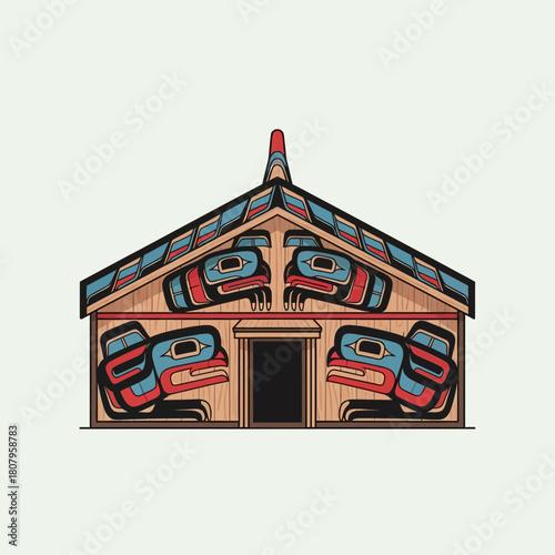 Intricate vector illustration of a Northwest Coast indigenous longhouse