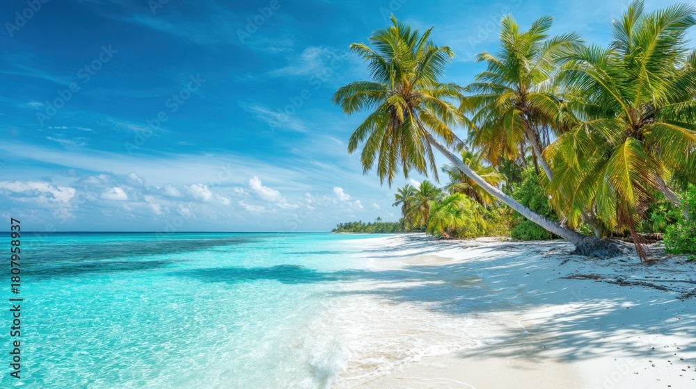 Fototapeta premium A pristine tropical beach showcases tall palm trees along the shore. The turquoise waves gently lap at the soft white sand under a bright blue sky with fluffy clouds.