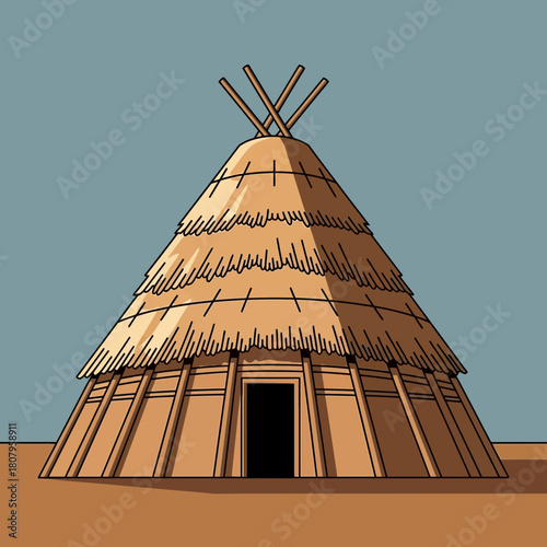 Stylized depiction of a traditional conical thatched hut with minimalist design