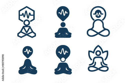 Meditation App Logos. using a meditation app. Icon set. Set Logo of using a meditation app: smartphone with tranquil landscape. harmonious logo variations of