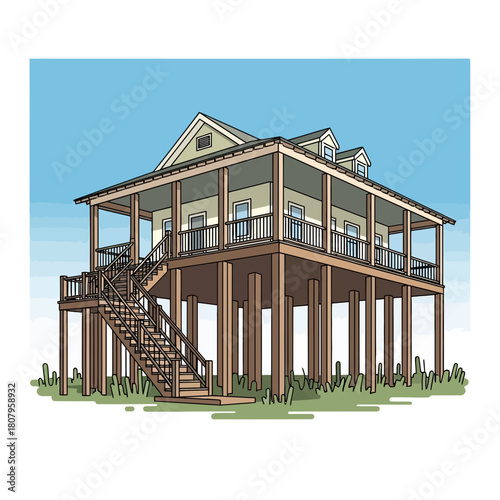 Stylized illustration of a elevated home with a quaint and charming design