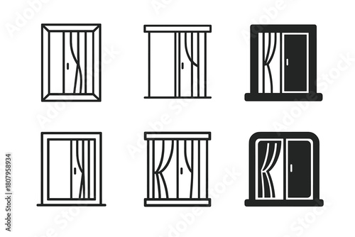 Sliding Door Icons. Sliding doors. Icon set. Set Logo of sliding doors: balcony slider with sheer curtain. harmonious logo variations of the same emblematic