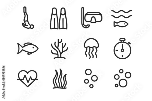 Freediving Icons Set. Freediving. Line icon set of freediving: diver, fins, mask, snorkel, wave, fish, coral, jellyfish, timer, heartbeat, seaweed, bubbles.