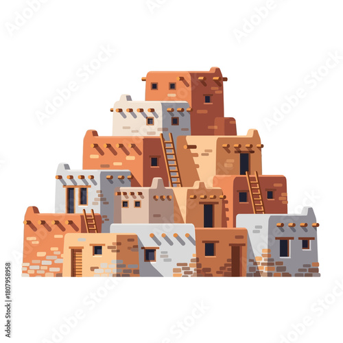 Stylized pueblo village vector illustration with architectural detail
