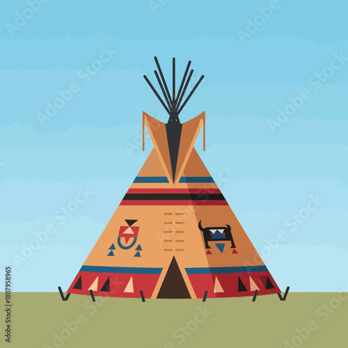 Stylized teepee with tribal patterns against a serene sky backdrop