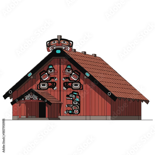 Traditional indigenous dwelling art depicting totem poles and cultural house