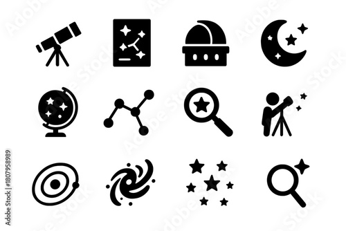 Astronomy Icon Set. Astronomy and stars. Solid icon set of Astronomy and stars: telescope, star chart, observatory dome, night sky, celestial globe,