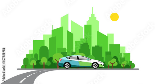 Modern Hybrid Car on a Road with Green Cityscape Background.