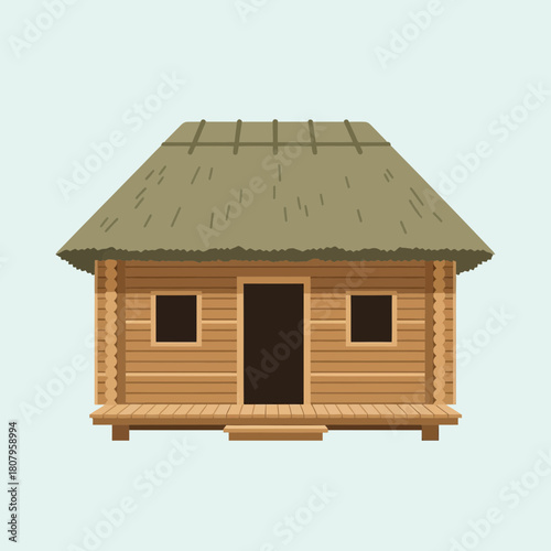 Traditional Log Cabin with Thatch Roof in a Simple Flat Design Style