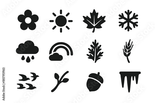 Nature Seasons Icon Set. Seasons in Nature Painting. Solid icon set of Seasons in Nature Painting: spring blossom, summer sun, autumn leaf, winter snowflake,