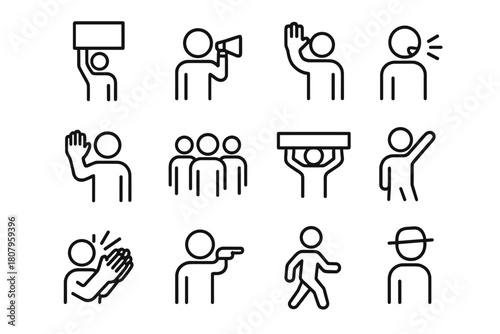 Protest Icon Set. Protest crowd. Line icon set of Protest crowd: person holding sign, person with megaphone, person raising hand, person shouting, person