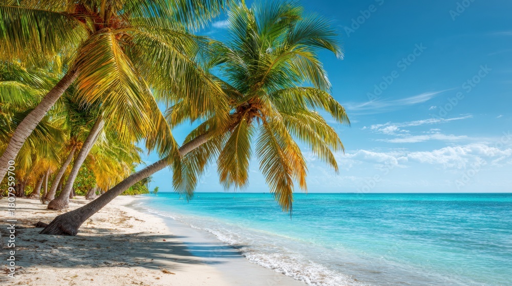 Obraz premium A serene tropical beach features tall palm trees gently swaying under the bright sun. The calm turquoise water reflects a clear blue sky, creating a peaceful atmosphere perfect for relaxation.