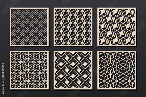 Set of vector square panels with abstract geometric pattern. Cutout design for home decor, privacy screen, wall and paper art, room divider, fence. Template for laser, cnc, plasma and plotter cutting